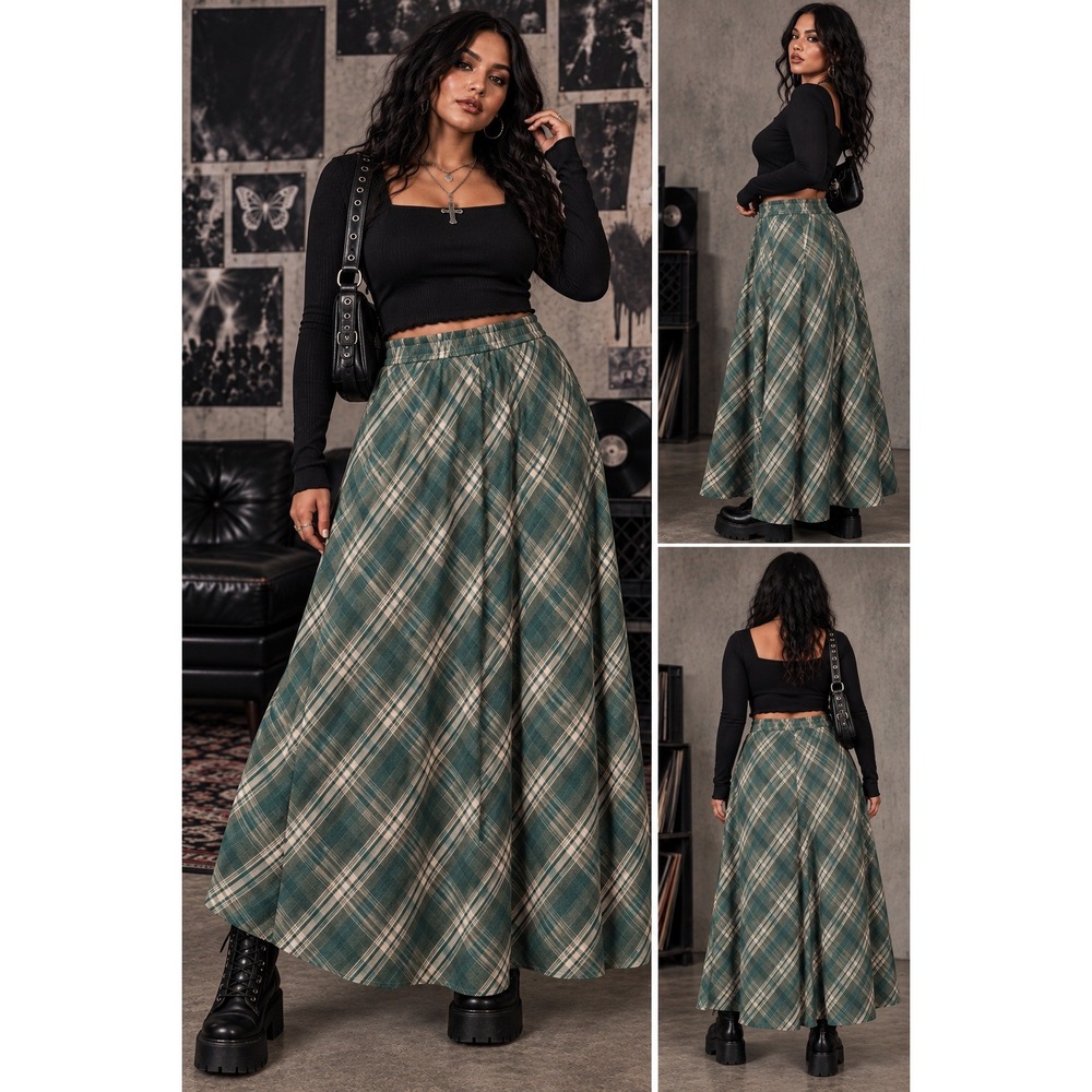 Scarlet Darkness Green Plaid Maxi Skirt XL Cottagecore Renaissance Elastic Waist